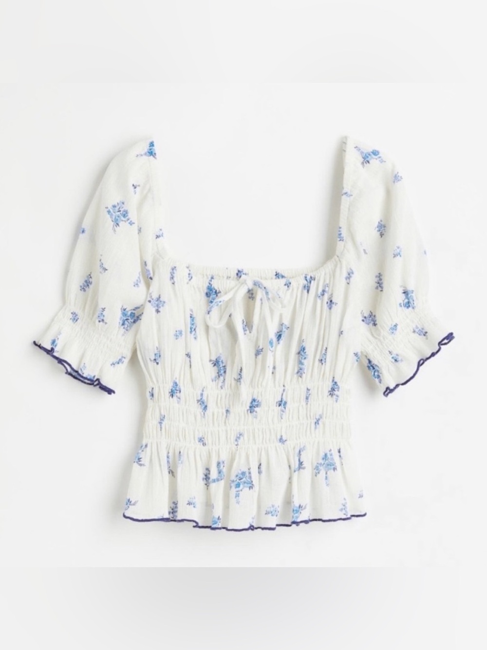 H&M Smocked Puff Sleeve Floral Crop Top - White with Blue Floral